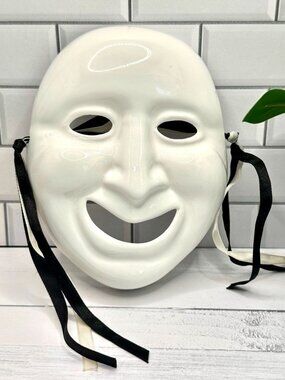 Ceramic White Smiling Mask With Black & White Ribbon Ties